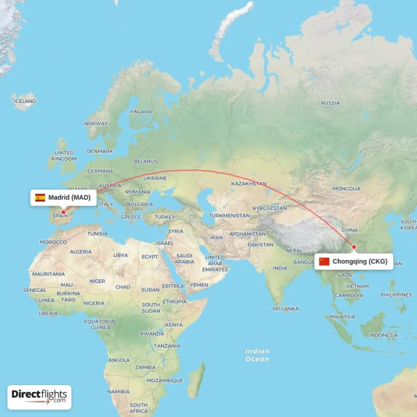 Chongqing - Madrid direct flight map