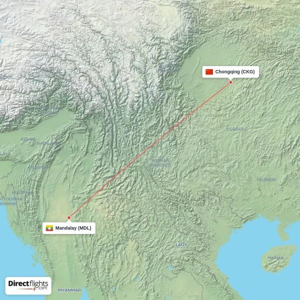 Chongqing - Mandalay direct flight map