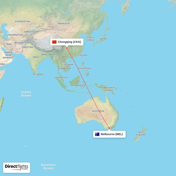 Chongqing - Melbourne direct flight map