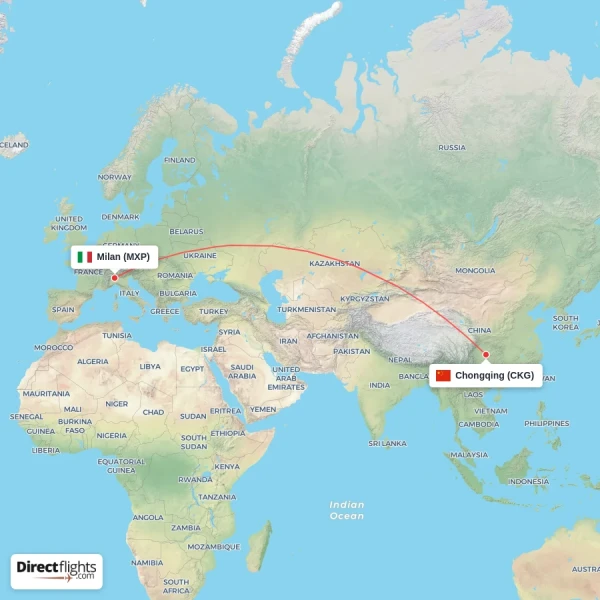 Chongqing - Milan direct flight map