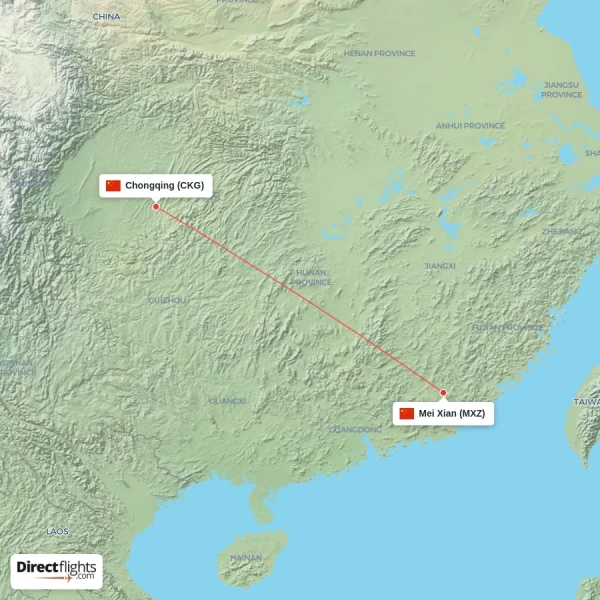 Chongqing - Mei Xian direct flight map