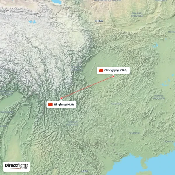Chongqing - Ninglang direct flight map