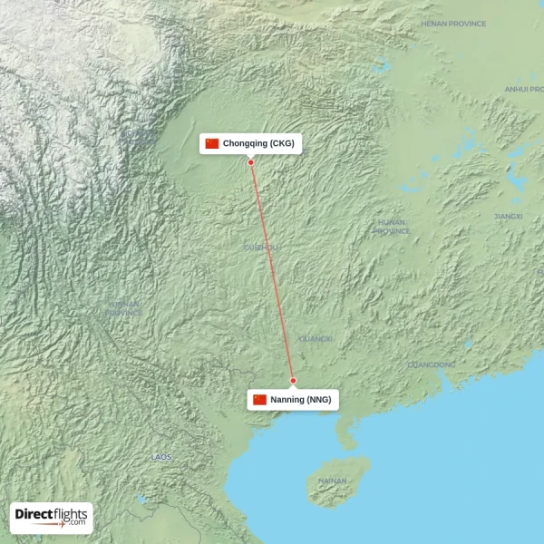 Chongqing - Nanning direct flight map