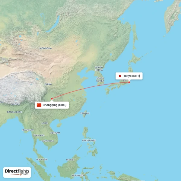 Chongqing - Tokyo direct flight map