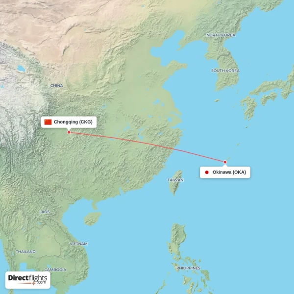 Chongqing - Okinawa direct flight map
