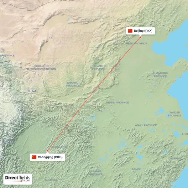 Chongqing - Beijing direct flight map