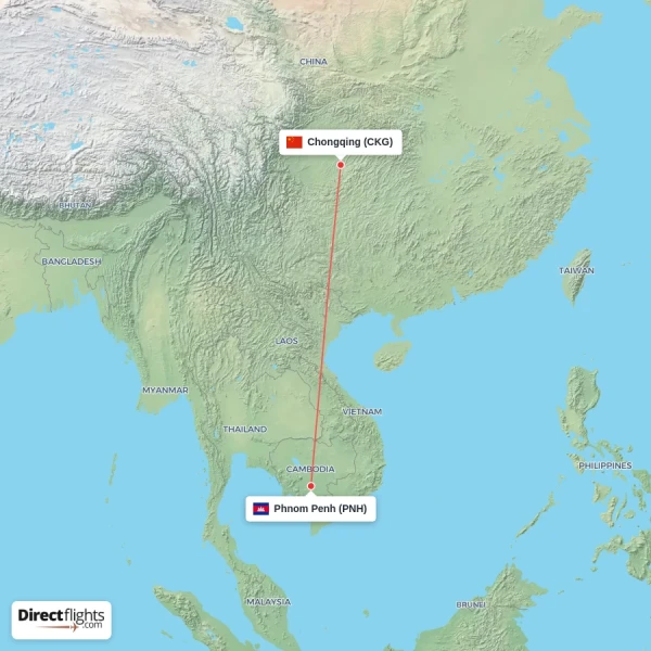 Chongqing - Phnom Penh direct flight map