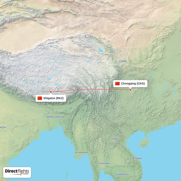 Chongqing - Shigatse direct flight map
