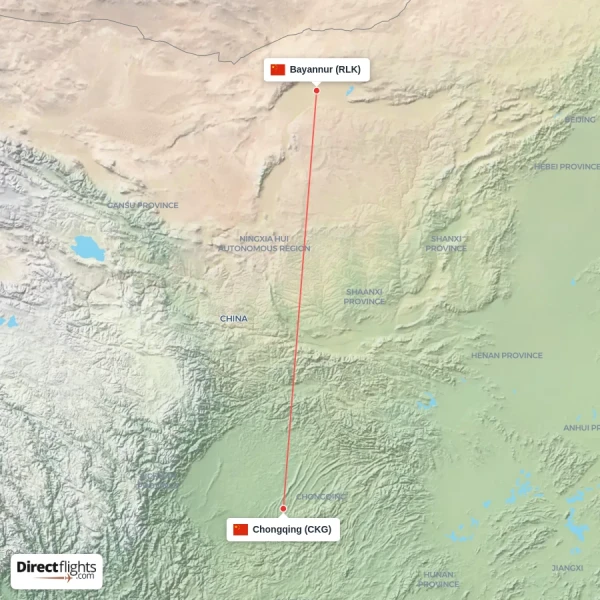 Chongqing - Bayannur direct flight map