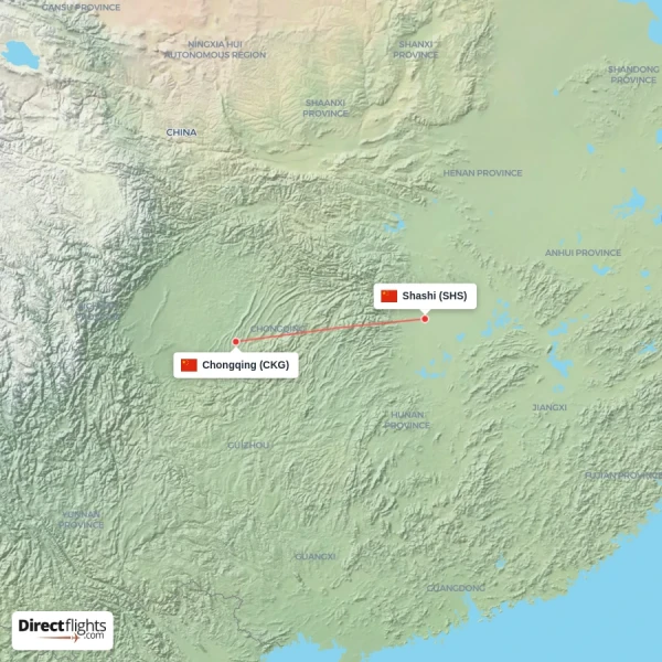 Chongqing - Shashi direct flight map