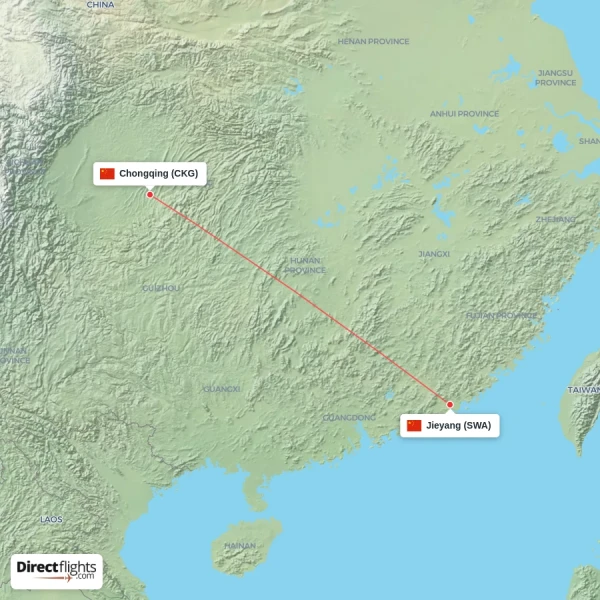 Chongqing - Jieyang direct flight map