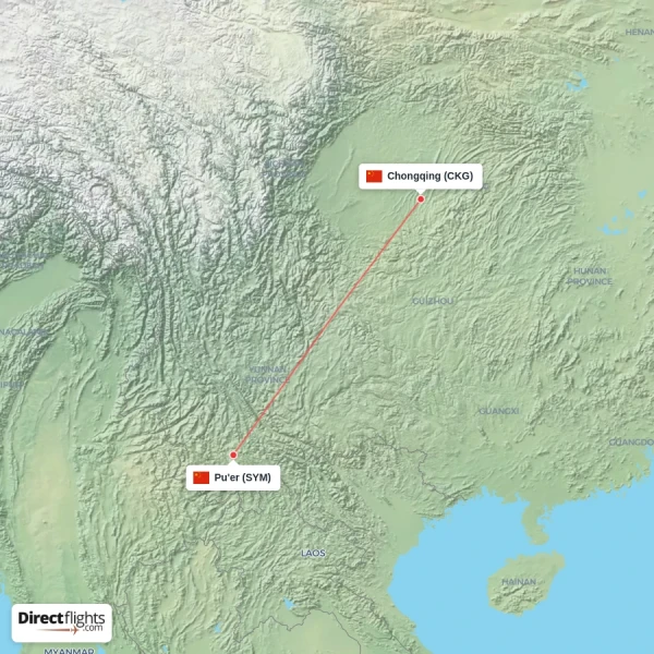 Chongqing - Pu'er direct flight map