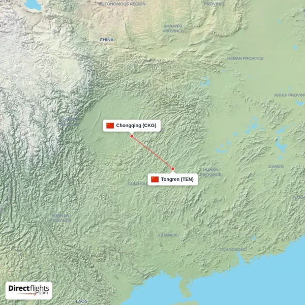 Chongqing - Tongren direct flight map