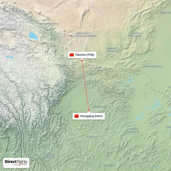 Chongqing - Tianshui direct flight map