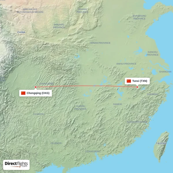 Chongqing - Tunxi direct flight map