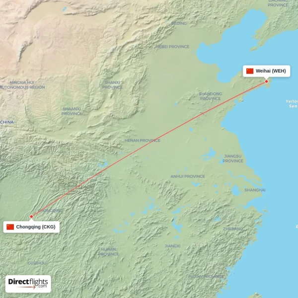 Chongqing - Weihai direct flight map