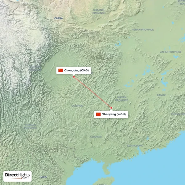 Chongqing - Shaoyang direct flight map