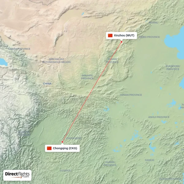 Chongqing - Xinzhou direct flight map