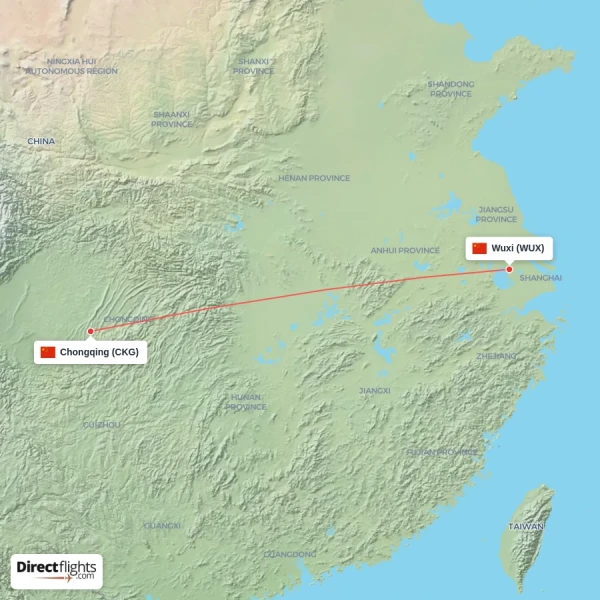Chongqing - Wuxi direct flight map