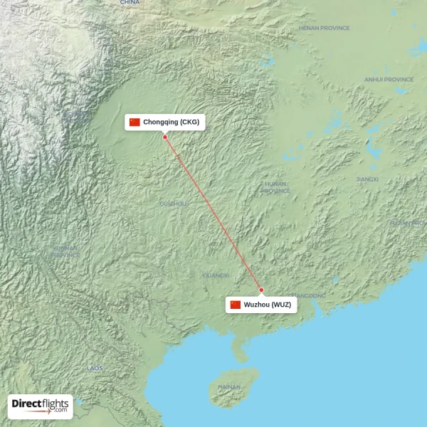 Chongqing - Wuzhou direct flight map