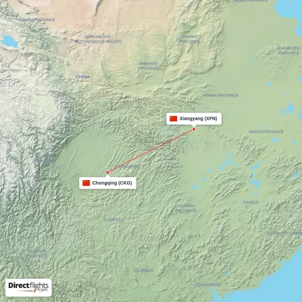 Chongqing - Xiangyang direct flight map