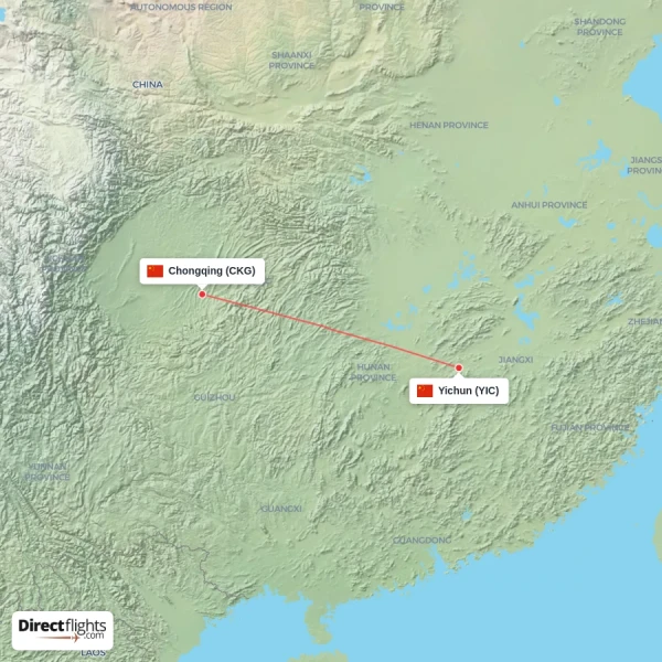 Chongqing - Yichun direct flight map