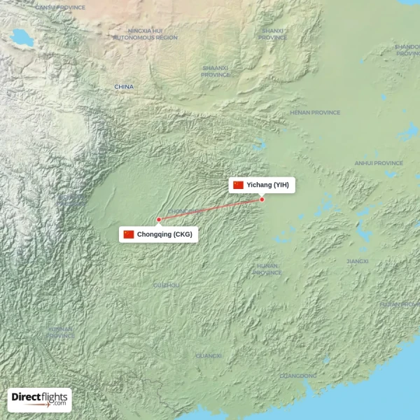 Chongqing - Yichang direct flight map