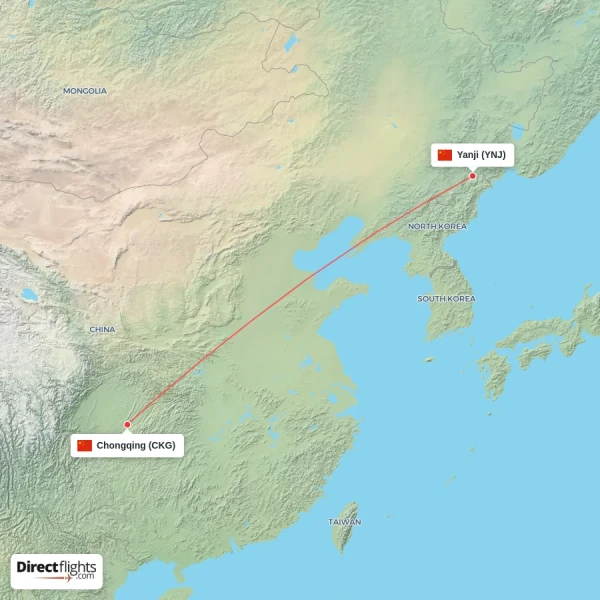 Chongqing - Yanji direct flight map