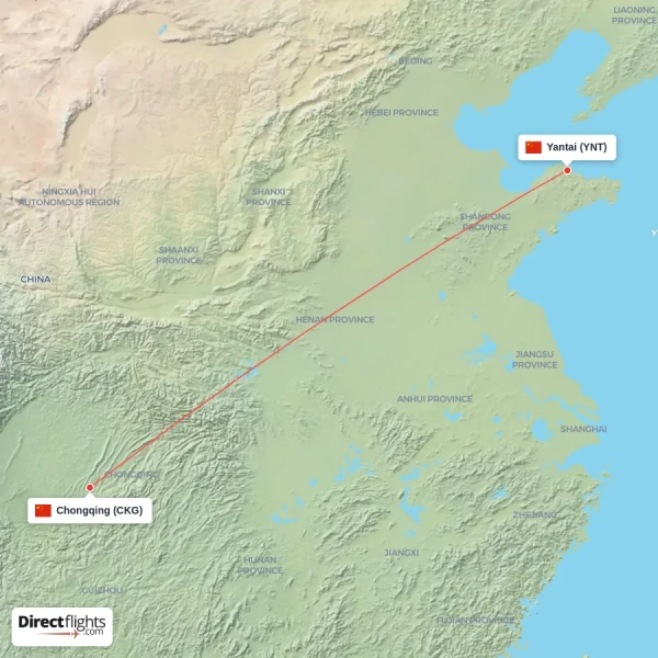 Chongqing - Yantai direct flight map