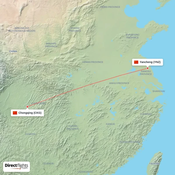 Chongqing - Yancheng direct flight map