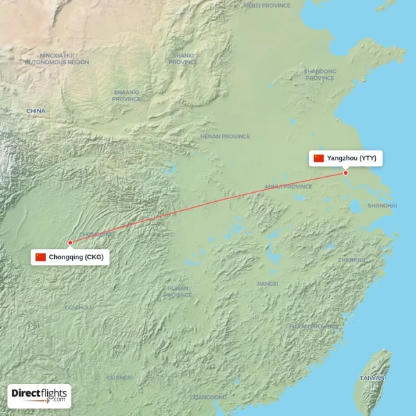 Chongqing - Yangzhou direct flight map