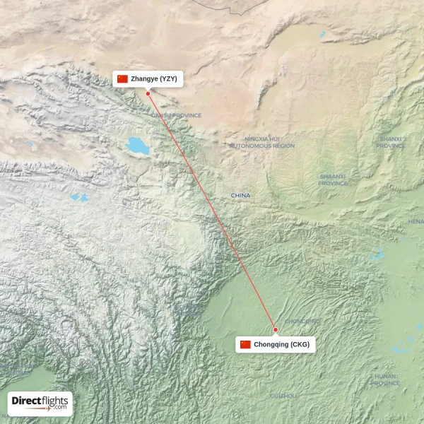Chongqing - Zhangye direct flight map