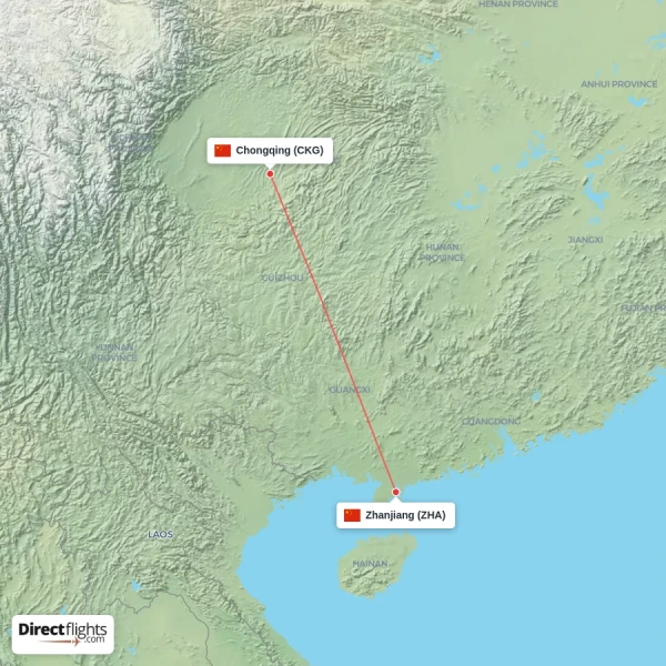 Chongqing - Zhanjiang direct flight map