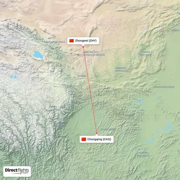 Chongqing - Zhongwei direct flight map