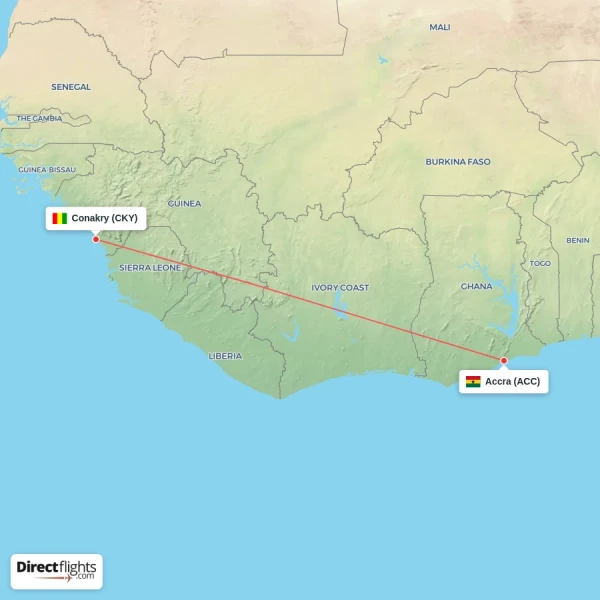 Conakry - Accra direct flight map