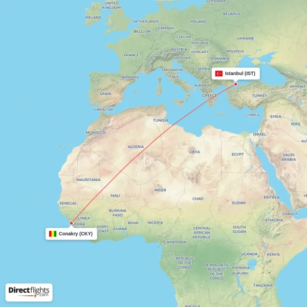Conakry - Istanbul direct flight map