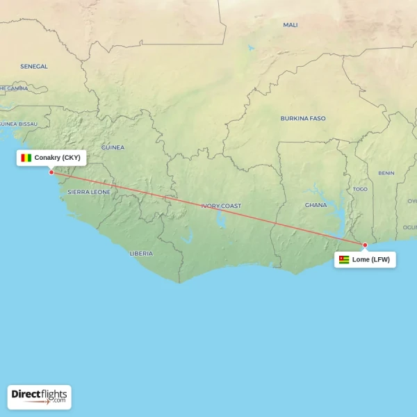 Conakry - Lome direct flight map