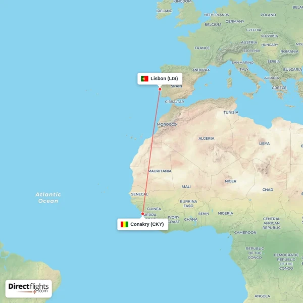 Conakry - Lisbon direct flight map