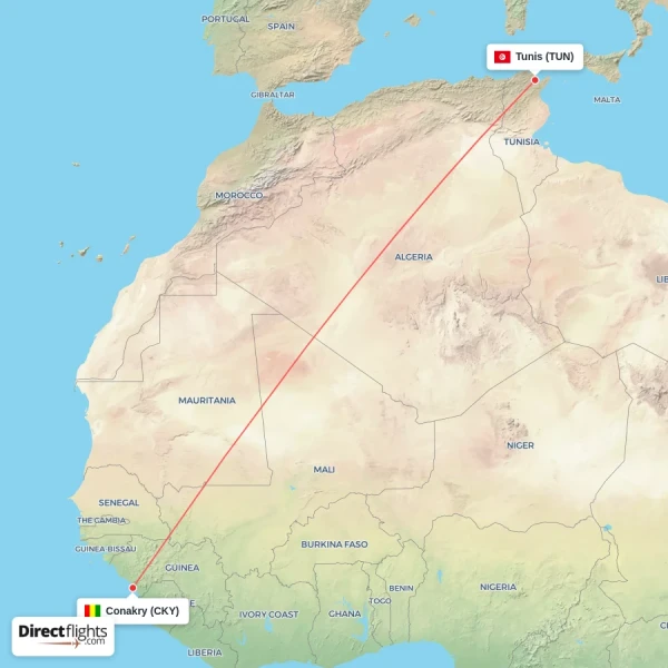Conakry - Tunis direct flight map