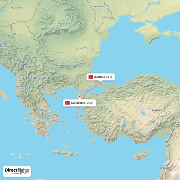 Canakkale - Istanbul direct flight map