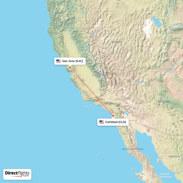 Carlsbad - San Jose direct flight map