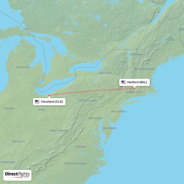 Cleveland - Hartford direct flight map