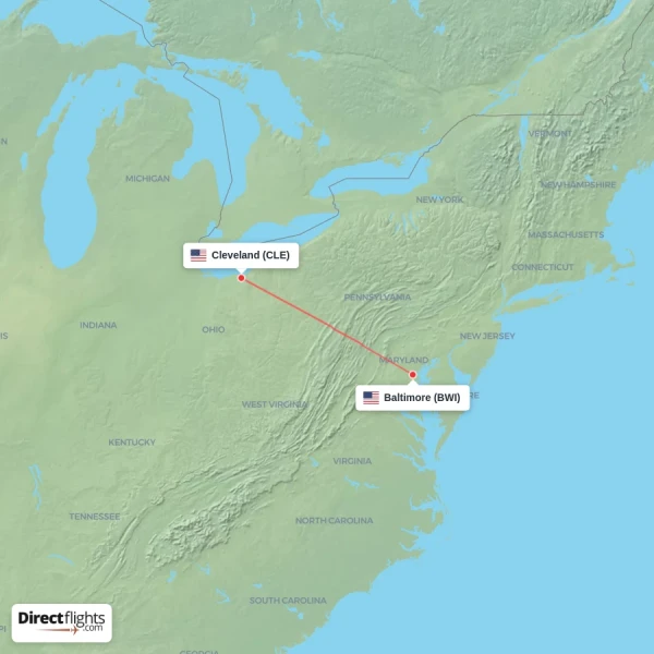 Cleveland - Baltimore direct flight map