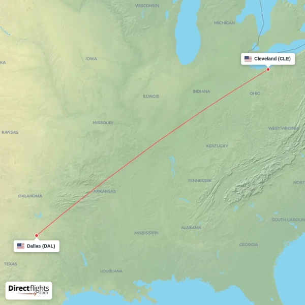 Cleveland - Dallas direct flight map