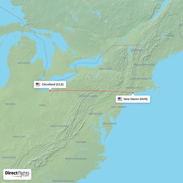 Cleveland - New Haven direct flight map