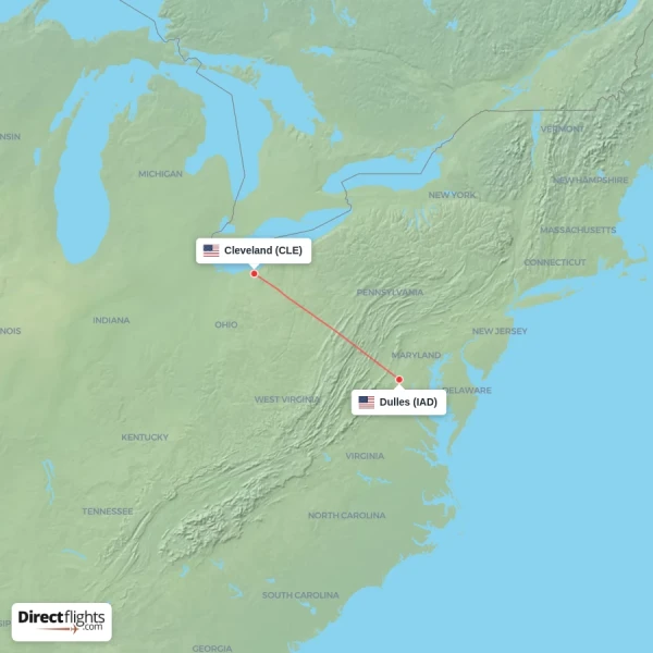 Cleveland - Dulles direct flight map