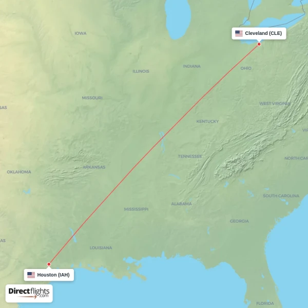 Cleveland - Houston direct flight map