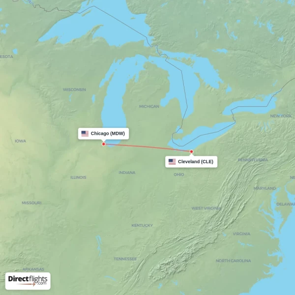 Cleveland - Chicago direct flight map
