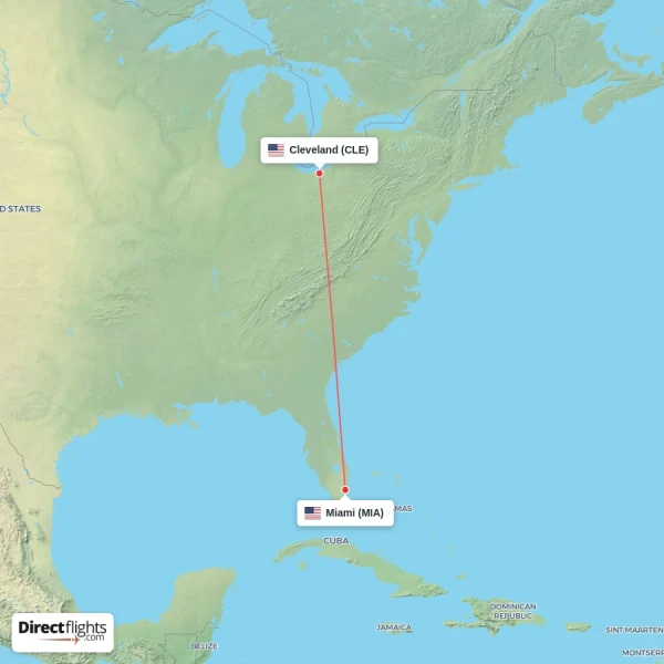 Cleveland - Miami direct flight map