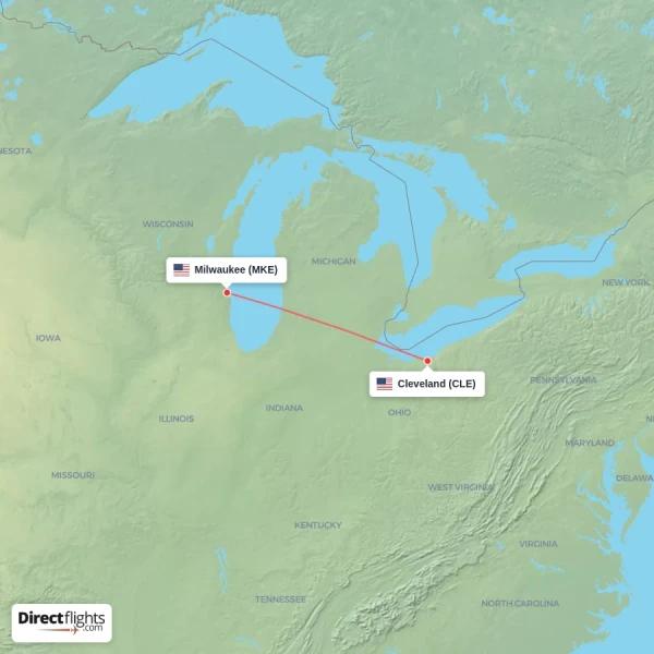 Cleveland - Milwaukee direct flight map